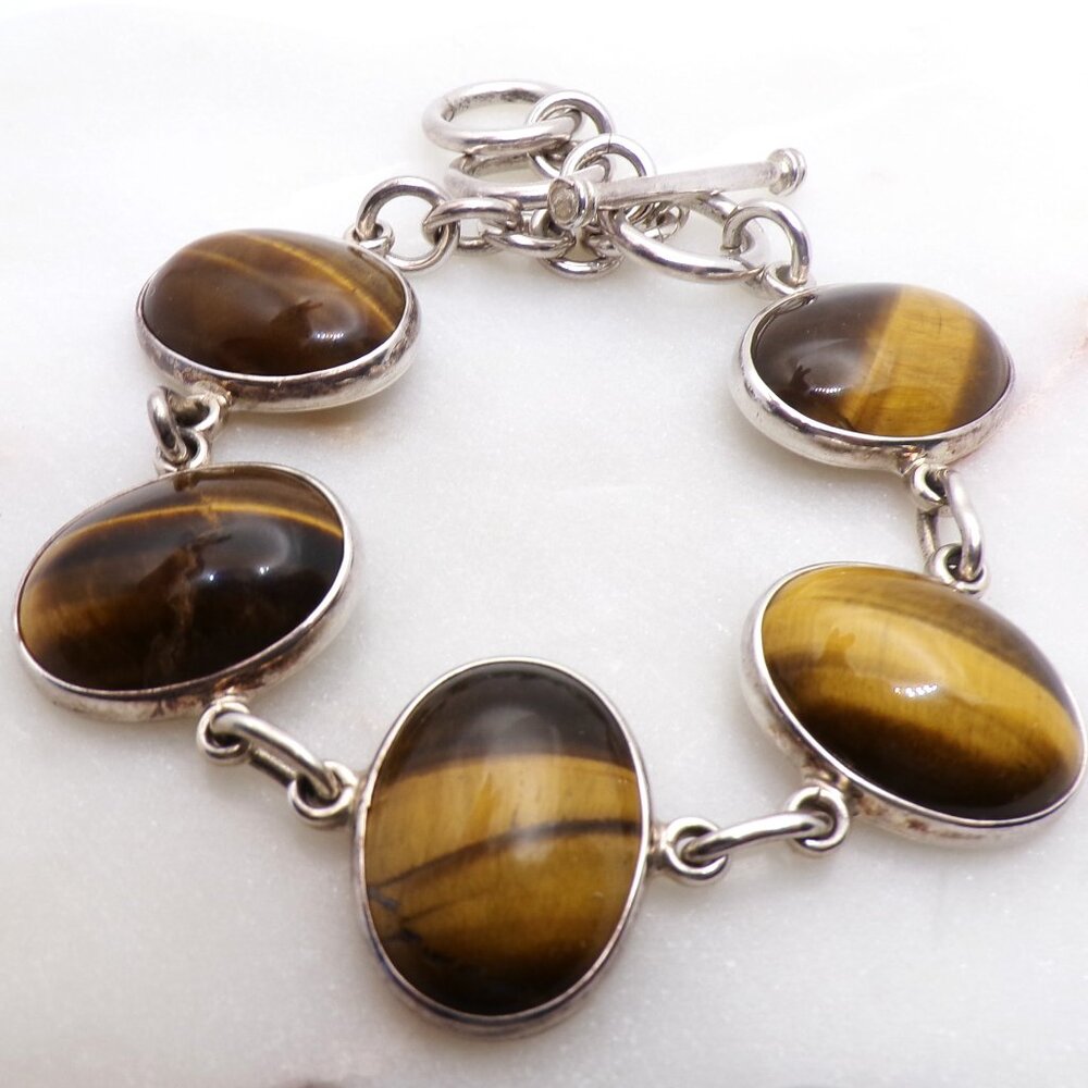 Taxco 925 Sterling Silver Tigers Eye Handmade Bracelet, Adjustable